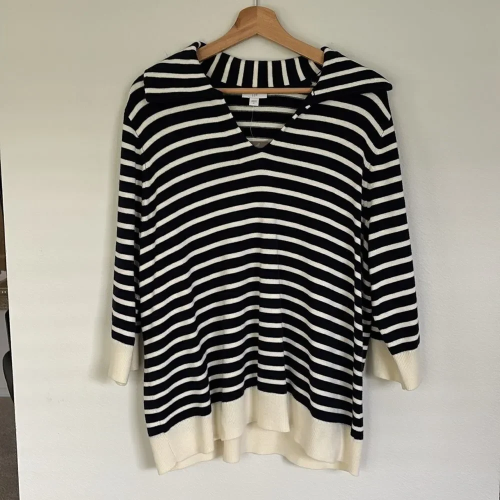 NWT J Jill Collared Striped V-Neck Pullover Sweater Nautical Size XL